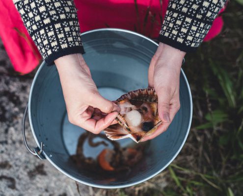 Outdoor seafood cooking experience by the fjord in Bergen.