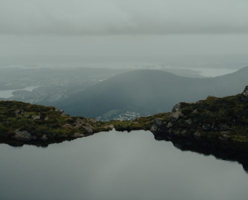 Views towards Bergen on a cloudy day. Guided walks and hikes with Top The Fjords in Bergen.